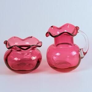 Victorian Cranberry Glass Creamer & Sugar Bowl Applied Handle Ruffled Collar